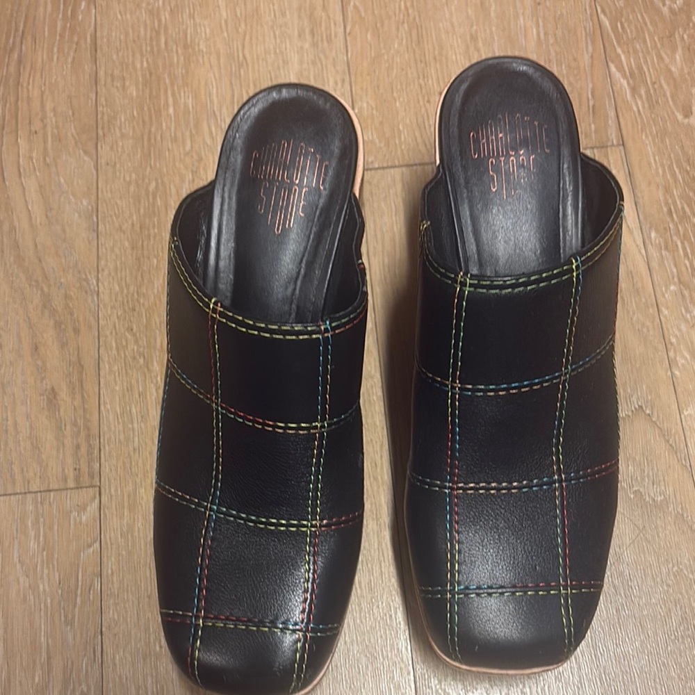 Charlotte Stone Black Slip-On Mules with Rainbow Stitching